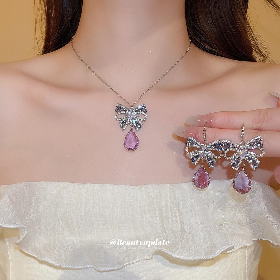 Elegant French Cubic Zirconia Bow Earrings and Necklace Set