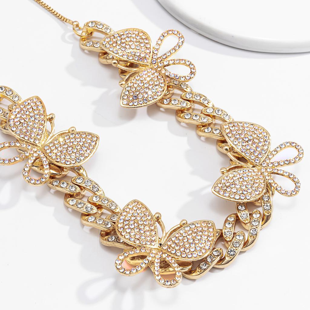 Accessories, Hip Hop Full Diamond Cuban Buckle Chain Necklace, Vintage Exaggerated Color Diamond Set Butterfly Necklace