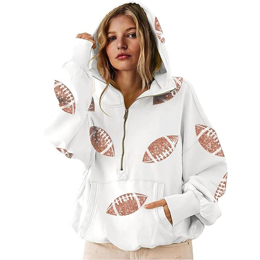 Women's Sports Shirt With Soccer Sequins And Pockets Long Sleeved Half Zip Hooded Top