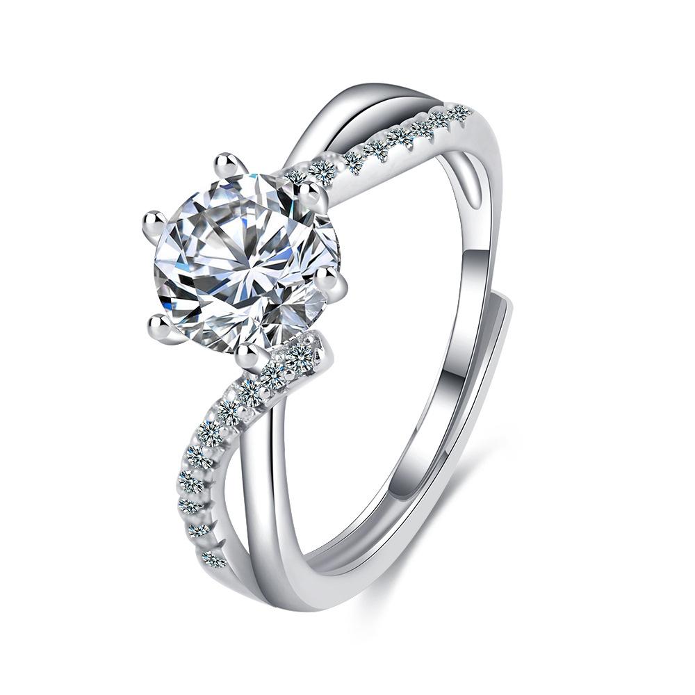925 Sterling Silver Light Luxury Side by Side Small Diamond Ice and Snow Queen 1 Carat Six-Claw Zircon Ring Birthday Gift