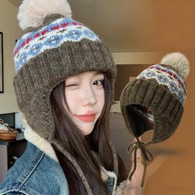 Fair Isle Style Knitted Hat for Women Ethnic Jacquard Winter Warm Ear Protection Cap Girls Anti-cold Snow Ski Earmuffs Bonnet