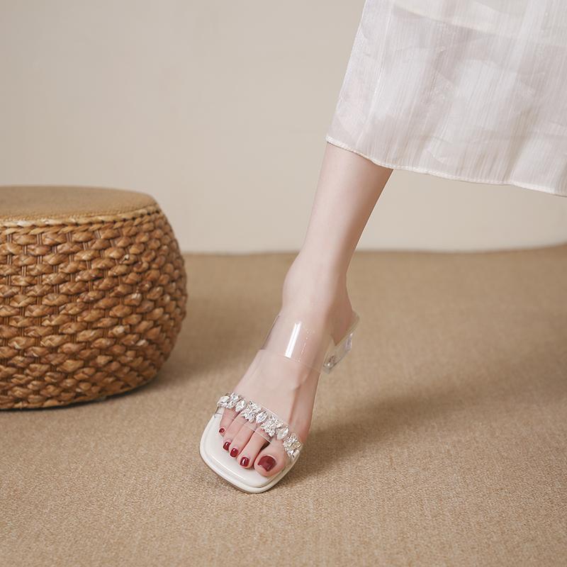 Fashion Transparent Crystal High Heels Sexy Rhinestone Sandals Thick with Fairy 2025 New Square Head Sandals To Wear Outside