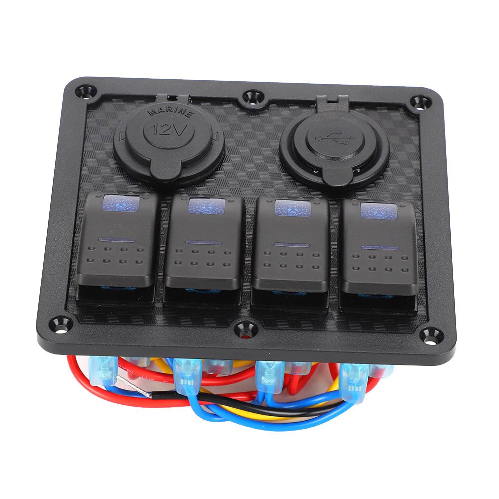 12V 24V 4 Gang Rocker Switch Panel IP65 Waterproof with Lighter Socket 2 USB for Car Boat