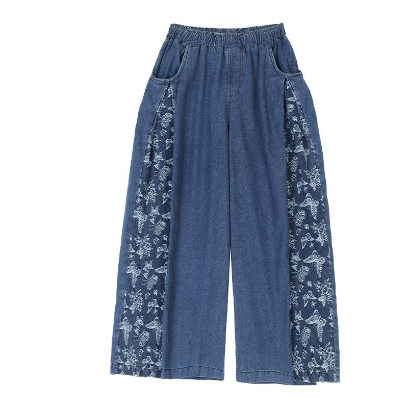 Vintage Splices Loose Denim Pants Female Fashion Butterfly Print Wide Leg Jeans Pants for Women Summer Casual Woman Pants