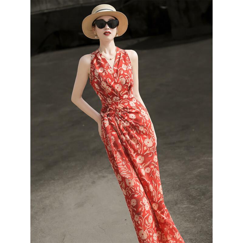 Elegant French Halter Neck Tie-Waist Printed Maxi Dress L