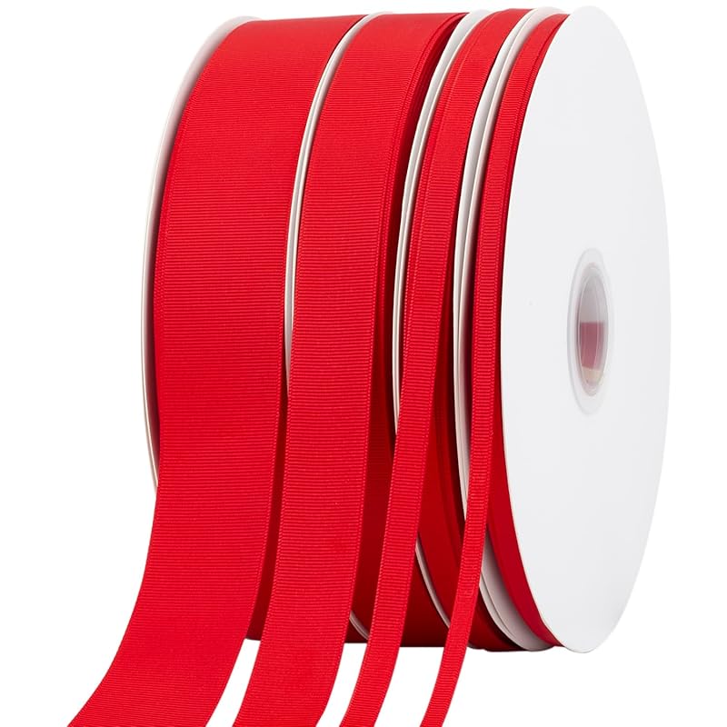[Tekdeere]Width 25mm Solid Red Grosgrain Ribbon, Perfect for Gift Wrapping, Sewing, Hair Accessories, Wedding Decorations - 91m/roll