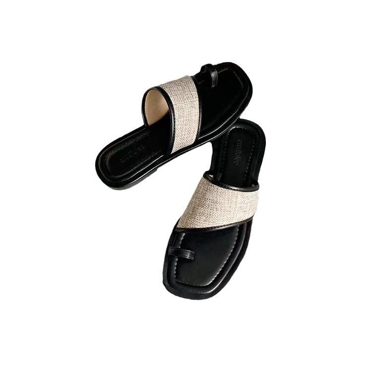 Grape Mother Same Casual Summer Square Head Toe Straw Braided Splicing Flat-bottomed Slippers Women's New Sandals