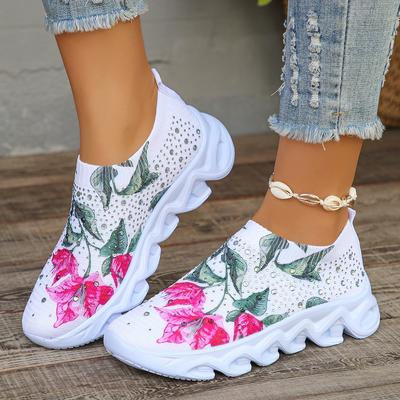 Baskets à Plateforme Imprimées Fleurs pour Femmes Chaussures de Course Légères en Cristal pour Femmes Chaussures de Sport en Tricot Respirant Femme 2026