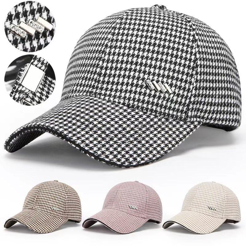 Women's Houndstooth Rhinestone Baseball Cap - Spring/Autumn Style: Casual, Warm, Double Layer Duckbill Hat