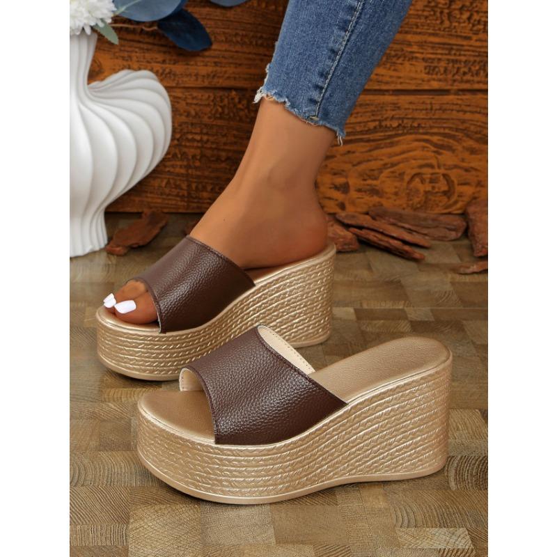 Sandalen mit Keilabsatz Hausschuhe Damen Dicke Sohle Ein Wort Schlepp Außen tragen Damen Strandschuhe