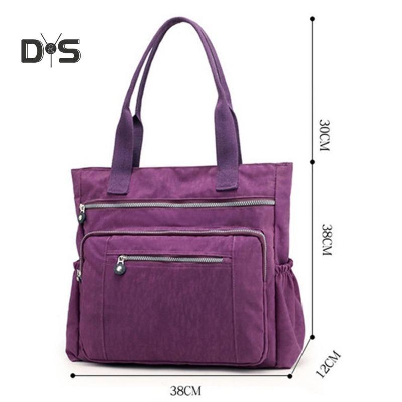 Solid Color Multi Pocket Zip Handbag Nylon Shoulder Storage Bag