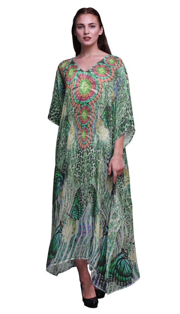 Phagun Butterflies & Leopard Animal Skin Beach Kaftan Bikini Cover Up Womena    S Maxi Dress Long