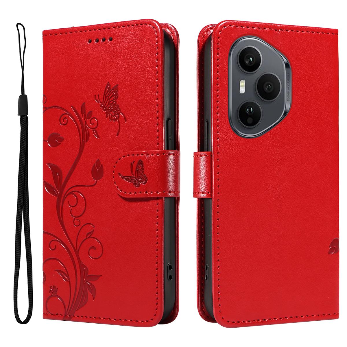 

For Honor 400 Pro 5G (Global) PU Leather Cases Flower Pattern Wallet Stand Phone Cover with Strap Red