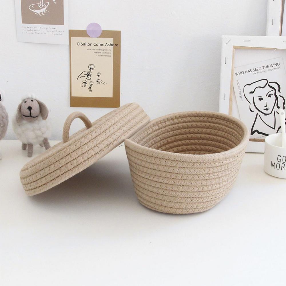 Woven Baskets Cotton Knitting Basket With Lid Small Basket Grey Baskets Desktop Sundries Cosmetics Toys Storage Basket