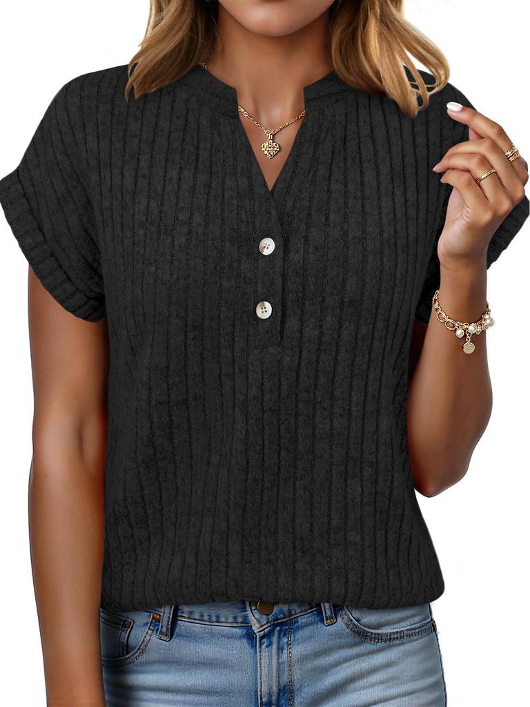2026 Spring/Summer Casual Brushed Ribbed V-Neck Batwing Short-Sleeved Women's Top