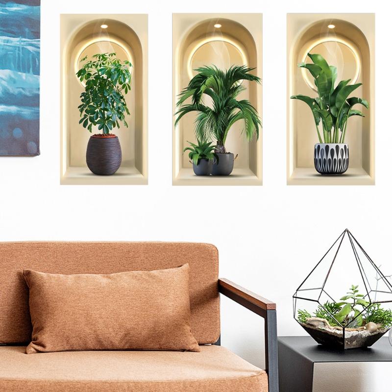 3D Aquarell Pflanzen Wandsticker Topfpflanzen Dekor Selbstklebende Rankenblätter Für Wohnzimmer Schlafzimmer Wanddeko