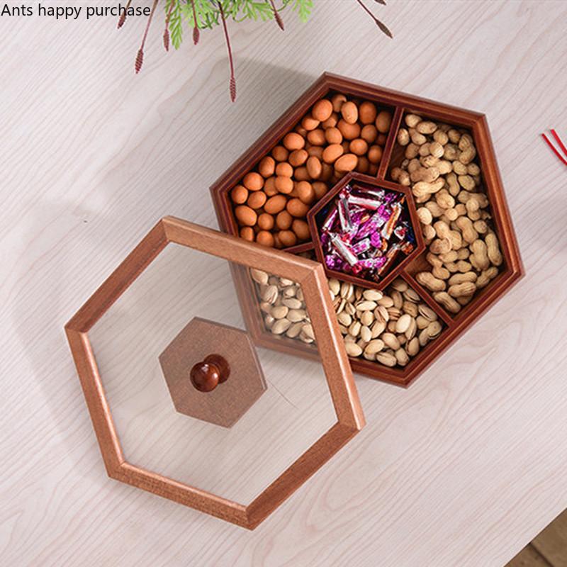 Solid Wood with Cover Dried Fruit Box Snack Storage Box Chinese Style Nut Dried Fruit Plate Living Room Home Sorting Container