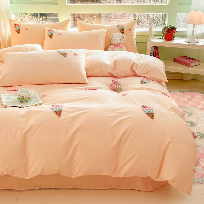 Pure Cotton Cartoon Towel Embroidered Bedding Set: Includes Quilt, Bed Sheet, and Pillowcases