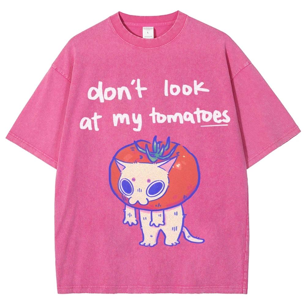Funny Tomato Cat Print T-shirt Loose High-quality Washed Vintage Casual Trendy Short Sleeve for Men and Women