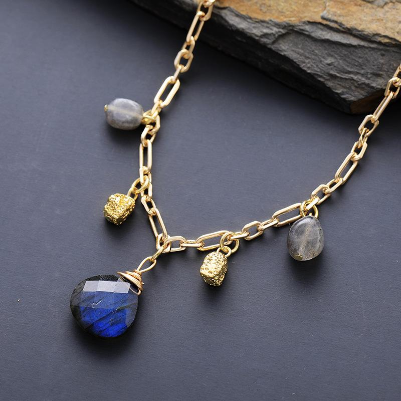 French Fashion Lazy Simple Natural Stone Handmade Water Drop Pendant Gold-Plated Chain Short Collarbone Necklace Gift Jewelry