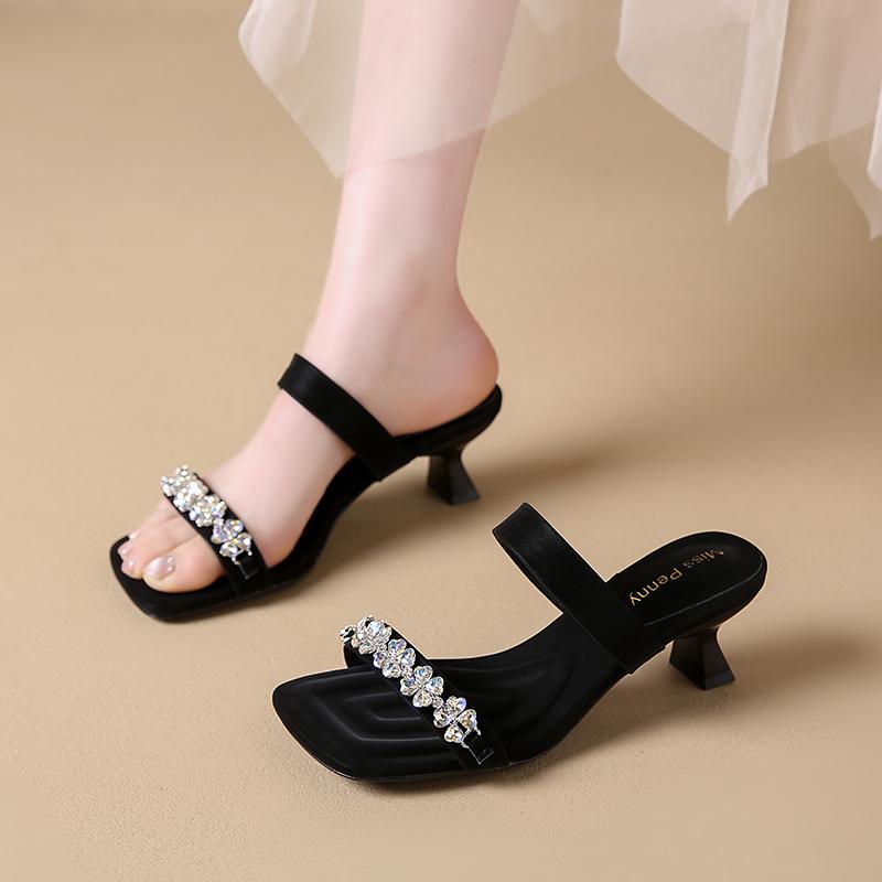 Fashion Banquet Fashion Flip-flops Women's Square Open Toe Crystal Flower Ribbon Non-slip Wear Stiletto Heels
