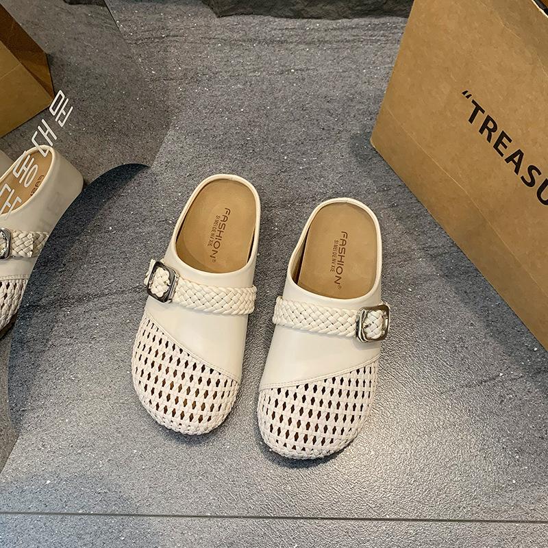 Woven hollow bag head half slippers women's summer outer wear 2025 new thick bottom inner height increase lazy one foot cool slippers