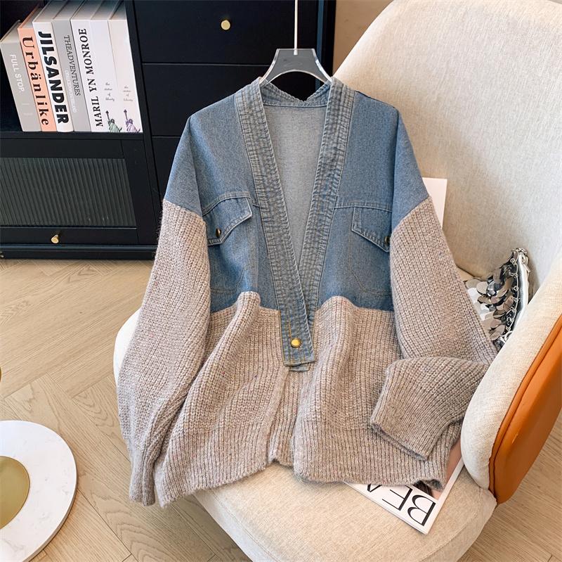 Women's Vintage Denim Patchwork Sweater Coat Woman Autumn and Winter Thickened Loose Cardigan