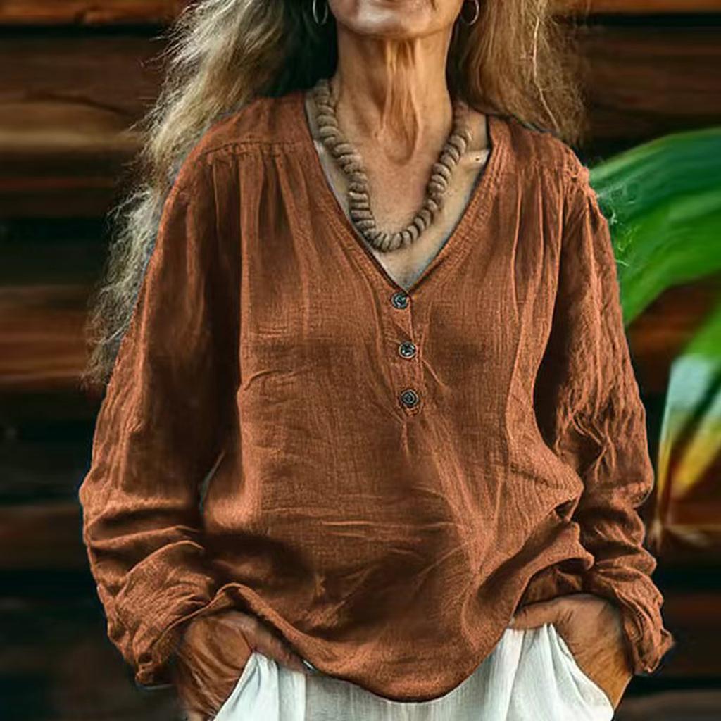 Damen Farbe Lässig V-Ausschnitt Langarm Pullover Baumwolle Leinen Oberteil