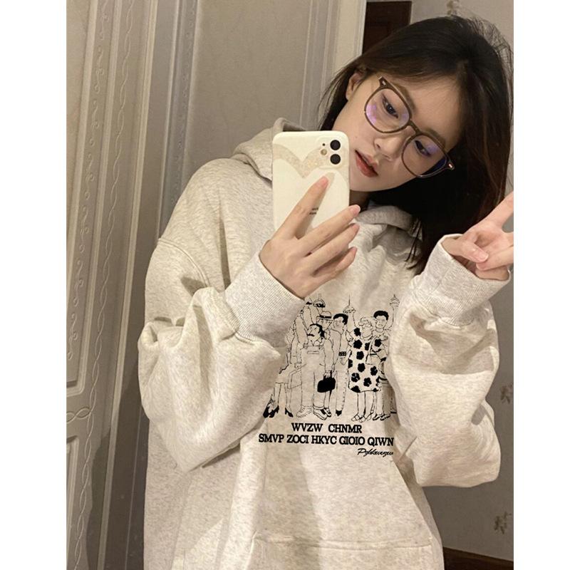 2025 New Guochao Printed Hooded Sweater Women's Autumn and Winter Heavy Couple Men's Fleece Thickened Jacket