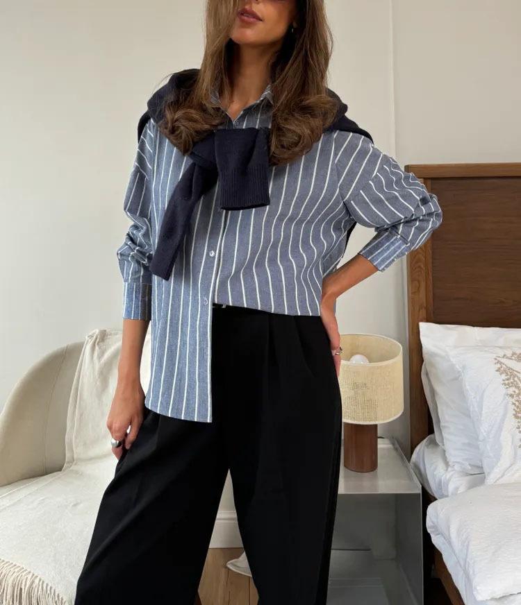 2025 Autumn/Winter Women's Long-Sleeved Striped Cardigan Shirt Jacket