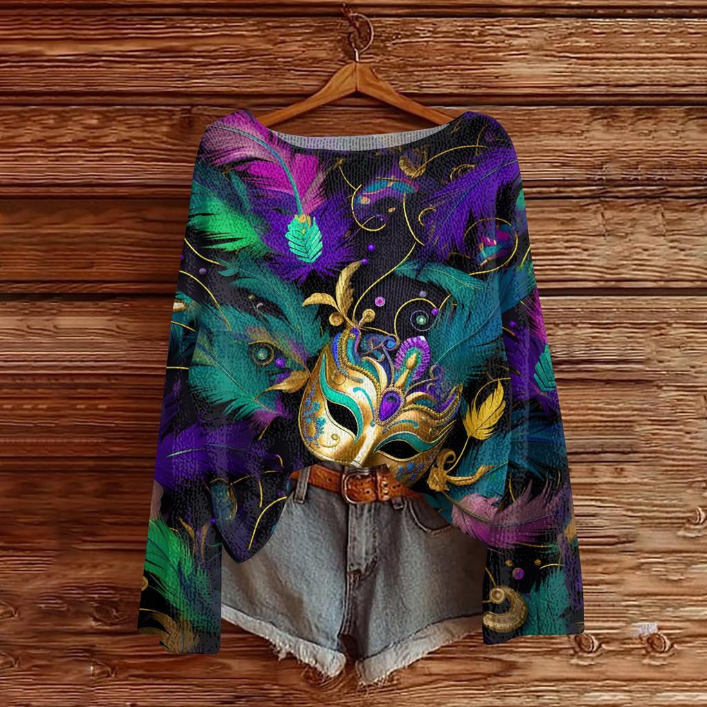 Women's Fashion Round Neck Long Sleeve Print Casual Pullover Sweater Top