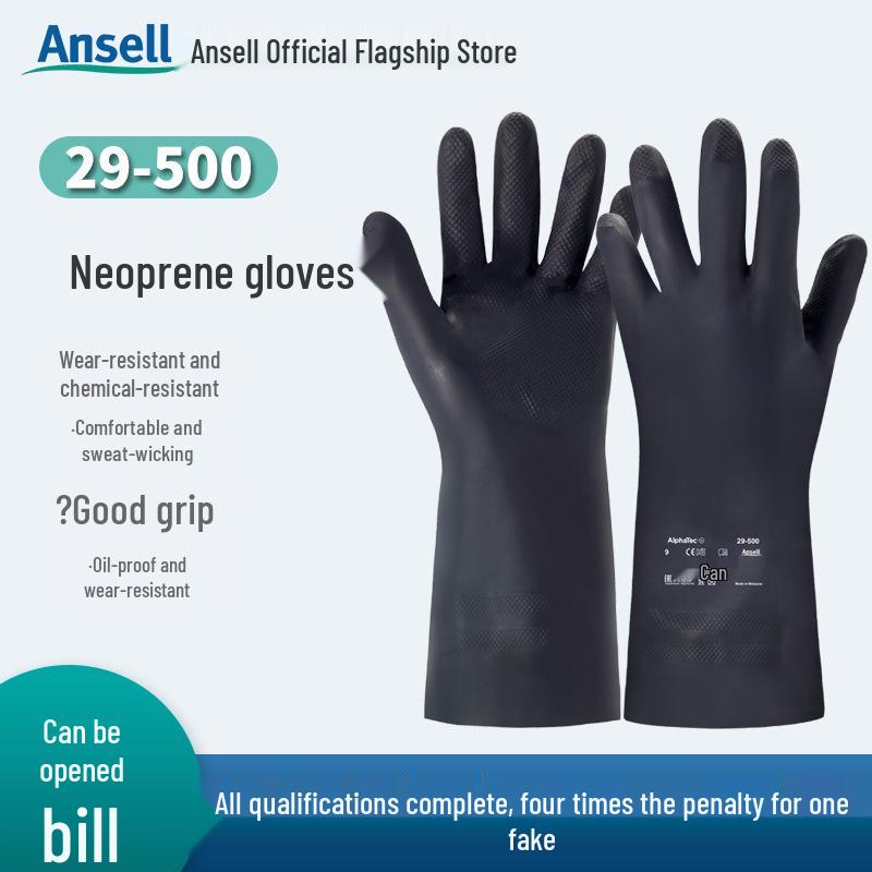 Ansell 29-500 Neoprene Chemical-Resistant Gloves: Anti-Slip, Acid & Alkali Resistant. Size 10