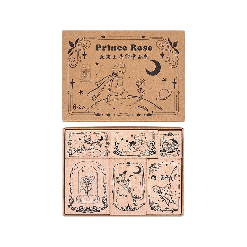 JIANWU 6 Pcs/set Rose Prince Series Vintage Wooden Rubber Stamp Set Creative DIY Journal Printing Decor Material Stationery