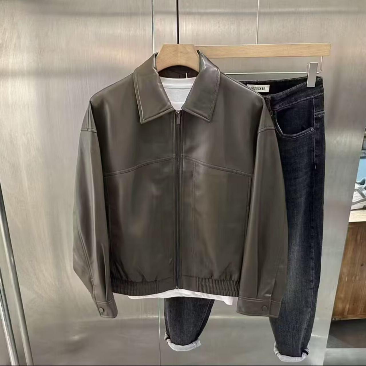 

2025 Men s High-End Trendy Slim Fit Leather Jacket - Spring/Autumn Lapel Style, Solid Color XXL кавовий