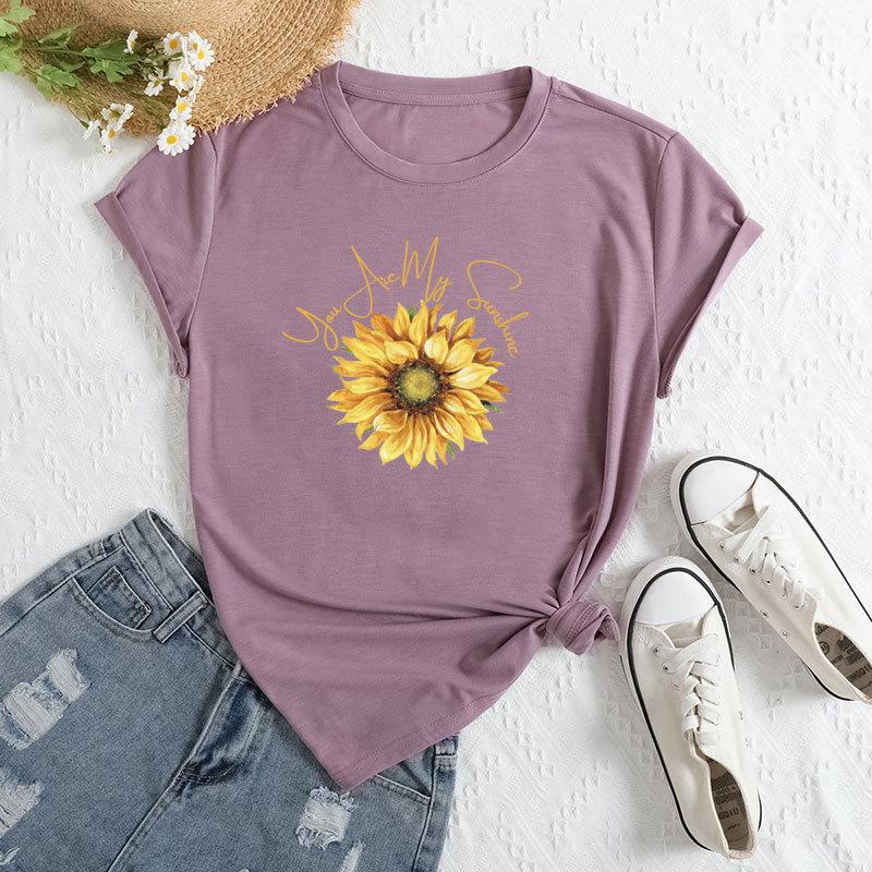 Summer Women's Fashionable Sunflower Print Short Sleeved Casual Loose Cotton Round Neck Top