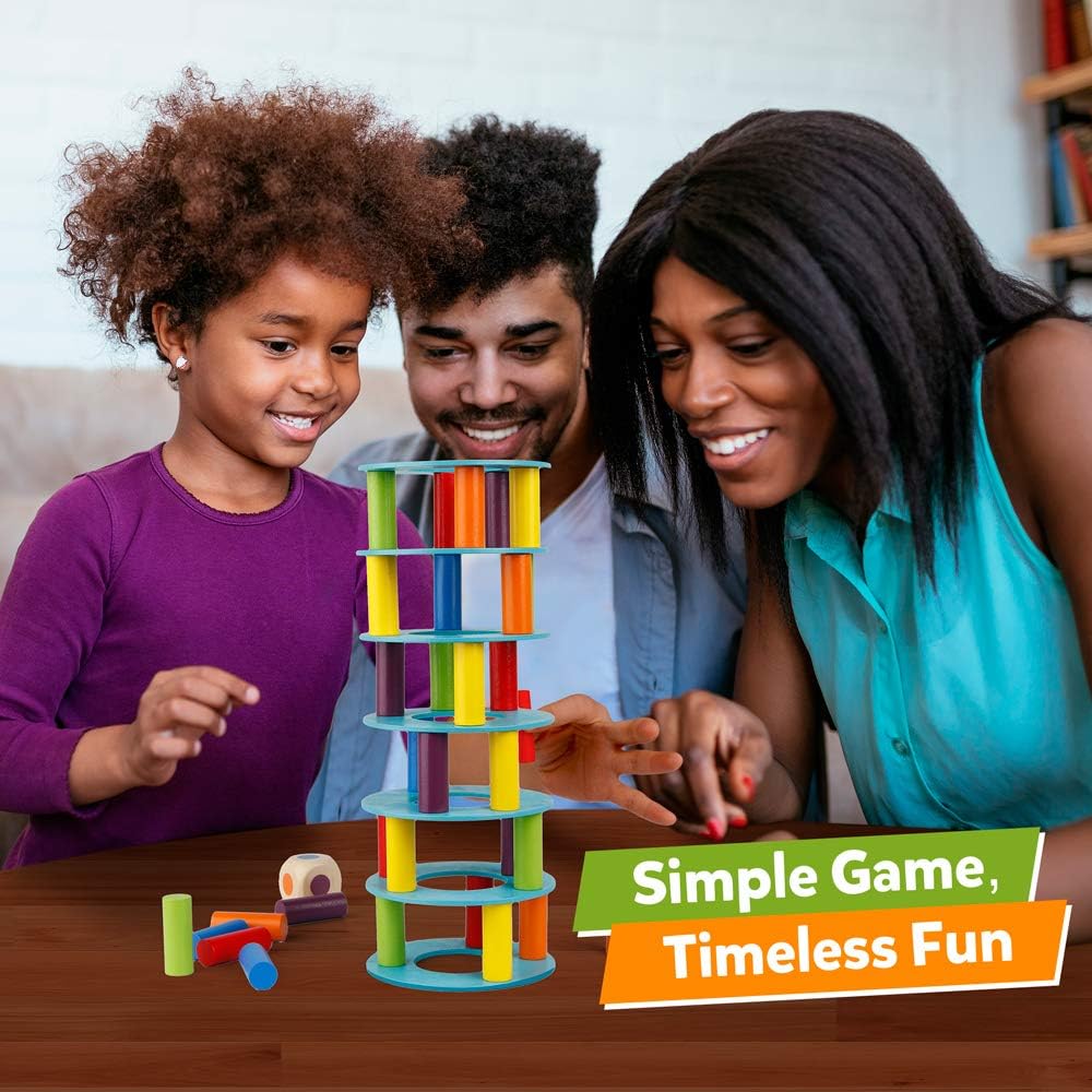Coogam Wooden Tower Stacking Game, Fine Motor Skills Building Blocks with Dice, Slate Tower Toy, Montessori Family Party Games for Children and Adults