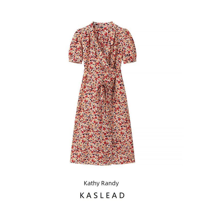 Kaslead New Women clothes Western Style Fashion Simple Wrap Lace-up Niche Short sleeve Dress