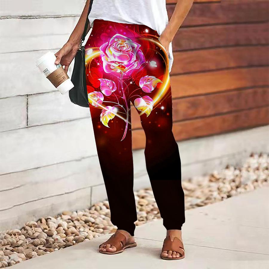Dámské kalhoty s květinovým potiskem na šněrování s elastickým pasem volné kalhoty ležérní dlouhé kalhoty kalhoty s kapsami