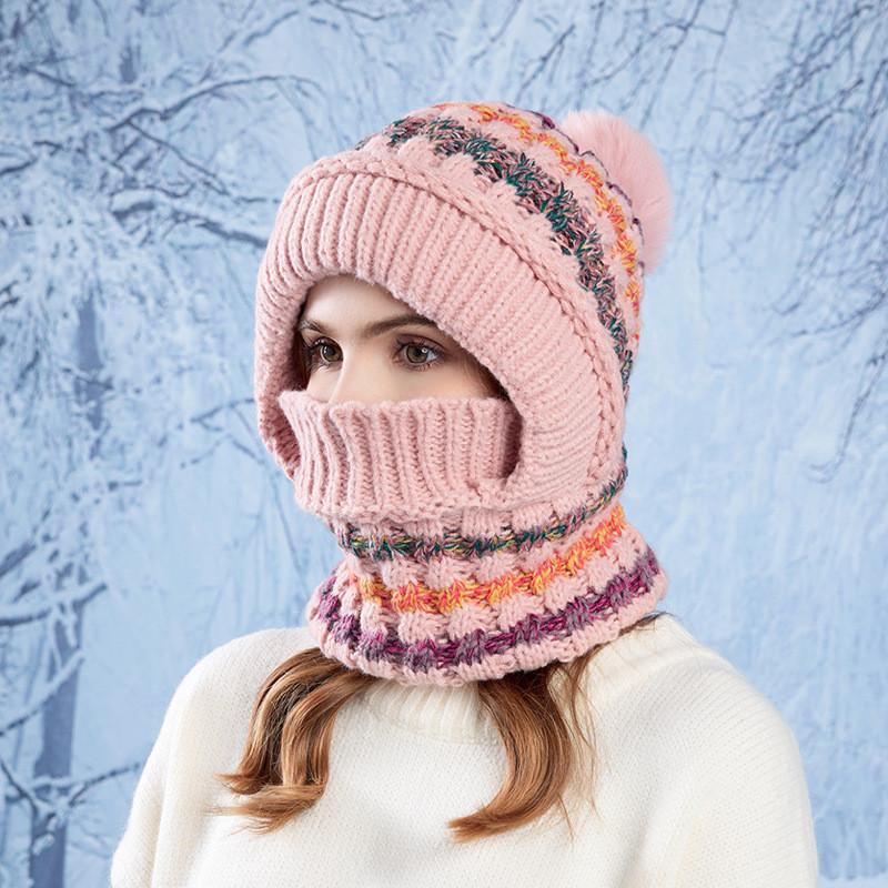 Knitted Winter Hat With Face Mask And Ear Cover For Women And Cycling розовый