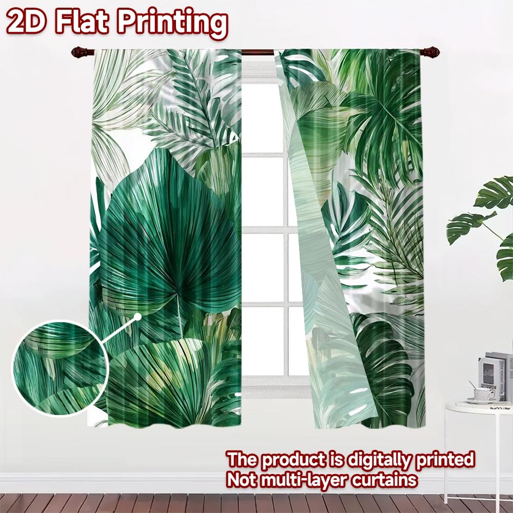 2D Flat Printing 2pcs Curtain Window Treatment Curtains Green Tropical Leaves Digital Printed Polyester Drapes Festive Holiday