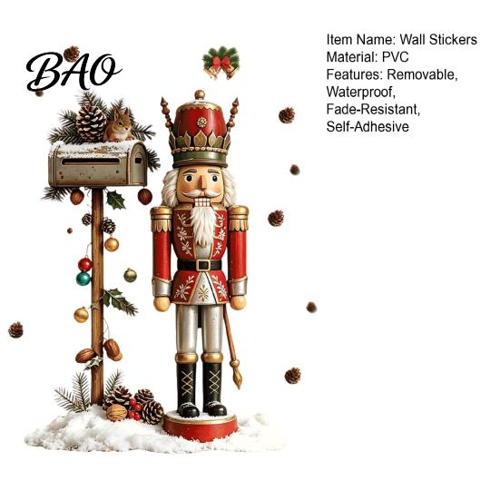 Christmas Atmosphere Wall Decals for Fridge Nutcracker Soldier Decal, Vintage Mailbox Snow Scene Self-Adhesive Party Background Decor Sticker,