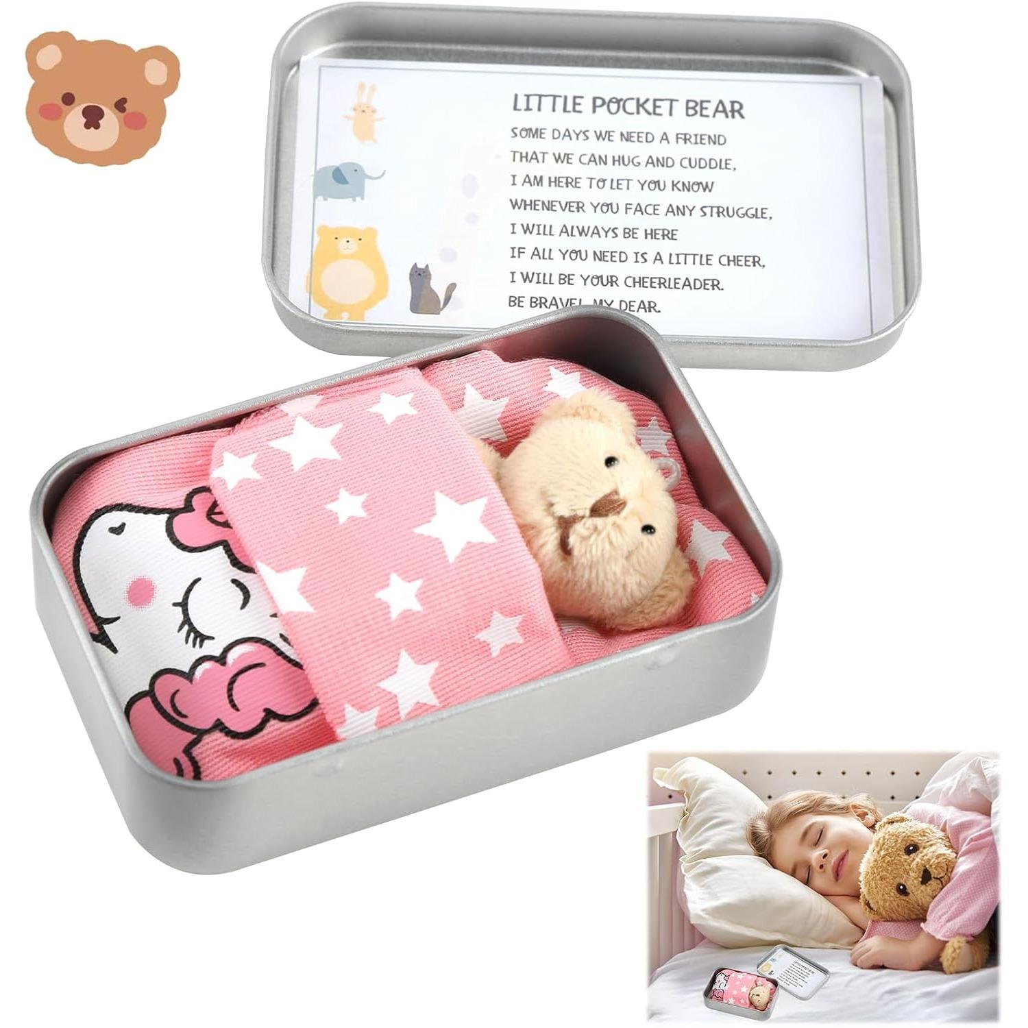Little Pocket Bear Hug, Teddy Bear in a Tin Box, Pocket Hug Plush Toys, Get Well Soon Gifts, First Day at School, Good Luck Gifts for Kids Women 1PCS