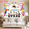 2D Preschool Graduation Party Backdrop, "Congratulations" with Kids, Graduation Cap & Balloons Background