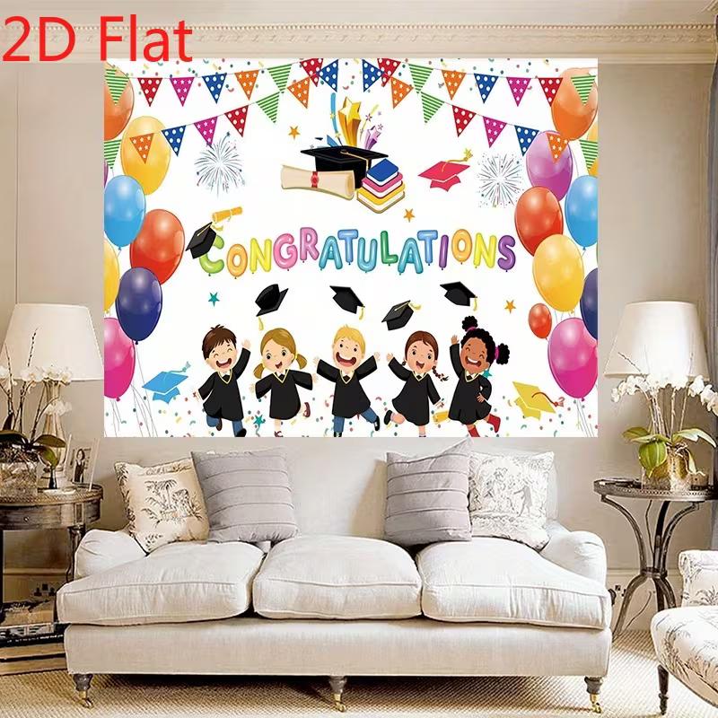 2D Preschool Graduation Party Backdrop, "Congratulations" with Kids, Graduation Cap & Balloons Background