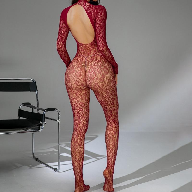 Mature European and American Women's Long Sleeved Transparent Hollow Jacquard Sexy Erotic Seductive Jumpsuit