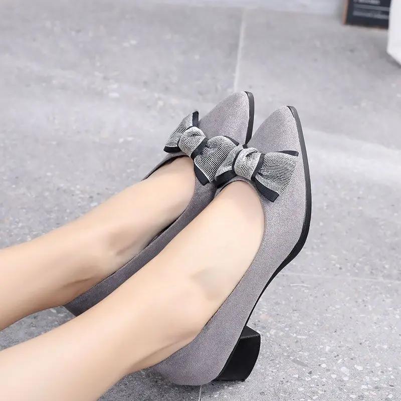 Chunky Heels Office Shoes for Women Block Heel On Heeled Pointed Toe Woman Pumps High with Bow Quality Young Fashion Non Slip 39