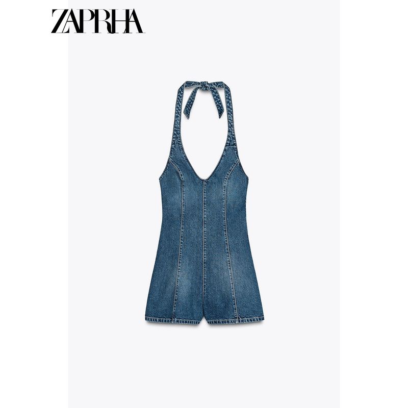 Zaprha 2025 New Arrival Hanging Collar Denim Open Back Jumpsuit Women's Waist-Tight Slimming and Wide Leg Shorts 4356084