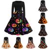 Womens Casual Long Sleeve Halloween Dress Round Neck Fit and Flare Midi Dress with Printed Skirt and Waist Tie Belt