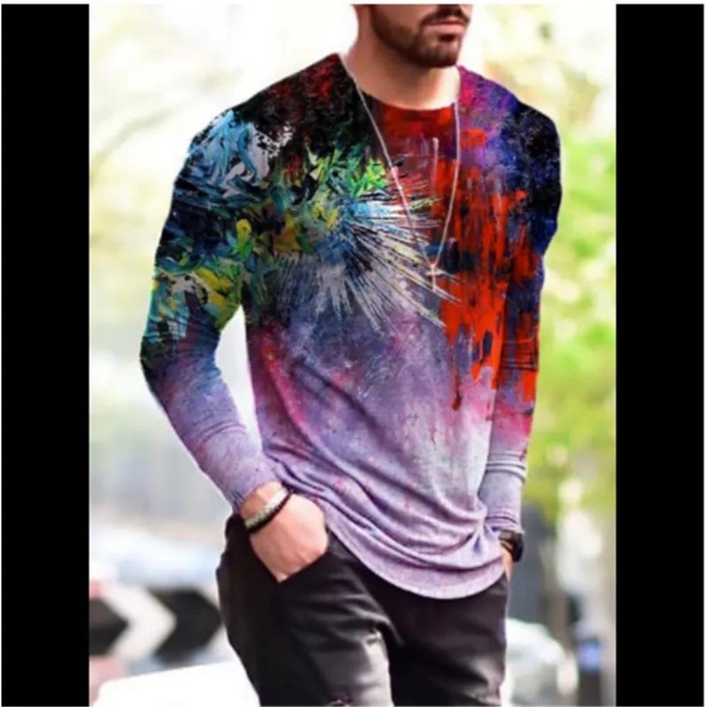 Camiseta masculina retrô com gola redonda e manga comprida, estampa colorida em bloco 3D, primavera, outono, solta, casual, roupa masculina