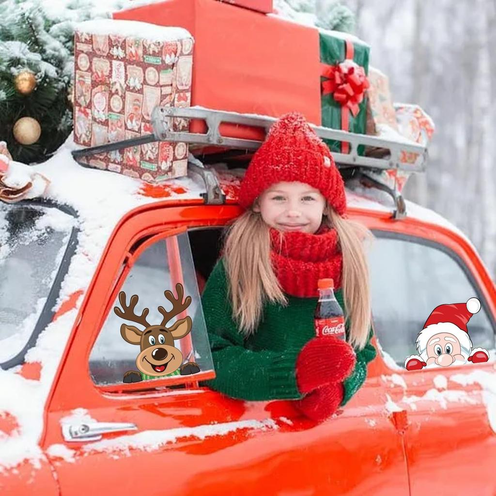 LOKIPA Christmas Car Sticker, 2PCS Christmas Car Window Decals Cute Santa Car Window Stickers for Christmas Car Decorations Accessories (Reindeer and